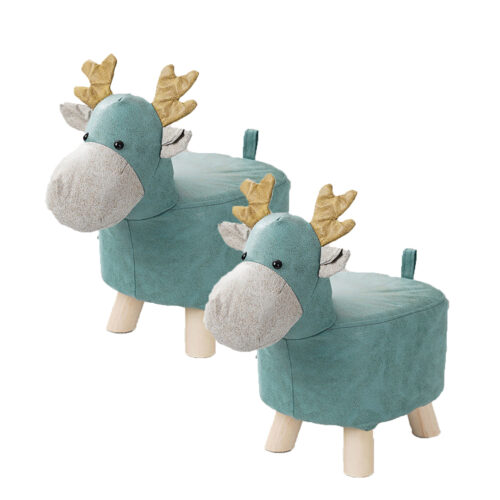 2x Green Children Bench Deer Character Round Ottoman Stool Soft Small Comfy Seat Decor