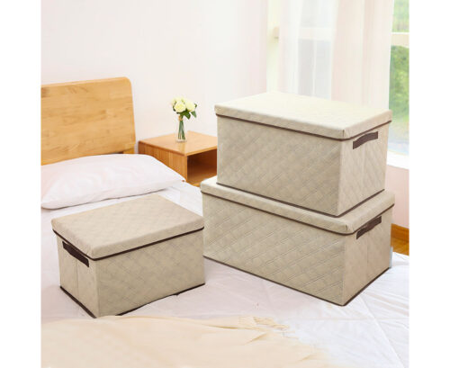 Small Beige Non-Woven Diamond Quilt Grid Fabric Storage/ Organizer Box - Image 3