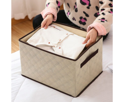 Small Beige Non-Woven Diamond Quilt Grid Fabric Storage/ Organizer Box - Image 8