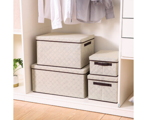 Small Beige Non-Woven Diamond Quilt Grid Fabric Storage/ Organizer Box - Image 9