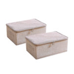 2x Beige Small Portable Double Zipper Storage Box Moisture Proof Clothes Basket Folding Home Organiser