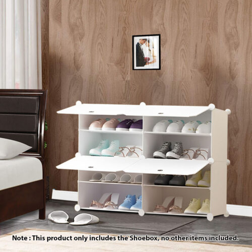 4 Tier 2 Column White Shoe Rack Organizer Sneaker Storage Stackable Stand Cabinet Portable Wardrobe with Cover - Image 2
