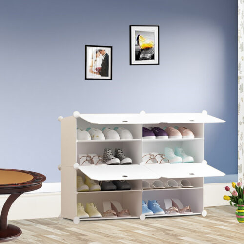 4 Tier 2 Column White Shoe Rack Organizer Sneaker Storage Stackable Stand Cabinet Portable Wardrobe with Cover - Image 7