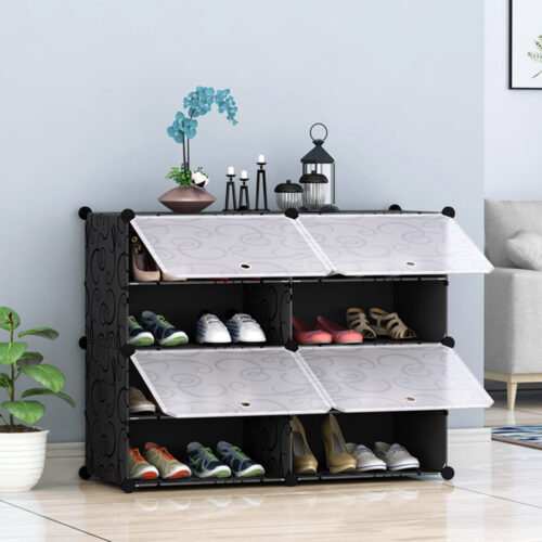 4 Tier 2 Column Shoe Rack Organizer Sneaker Storage Stackable Stand Cabinet Portable Wardrobe with Cover - Image 6