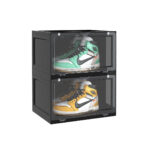2 Tier Black Portable Shoe Organiser Sneaker Folding Plastic Bin Stackable Storage Box with Magnetic Door