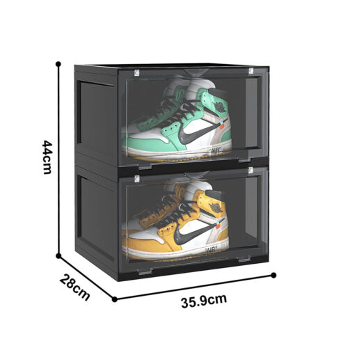2 Tier Black Portable Shoe Organiser Sneaker Folding Plastic Bin Stackable Storage Box with Magnetic Door - Image 4