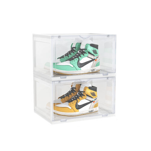 2 Tier Transparent Portable Shoe Organiser Sneaker Folding Plastic Bin Stackable Storage Box with Magnetic Door