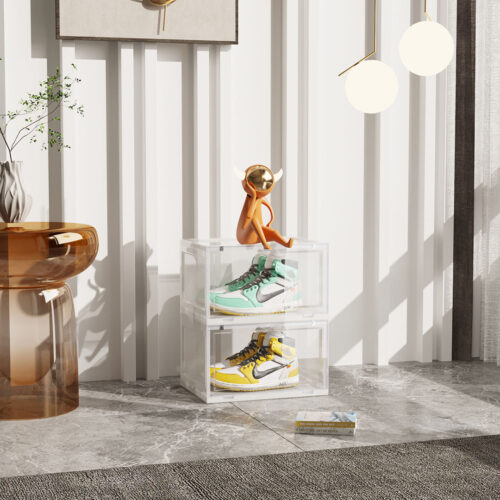 2 Tier Transparent Portable Shoe Organiser Sneaker Folding Plastic Bin Stackable Storage Box with Magnetic Door - Image 2
