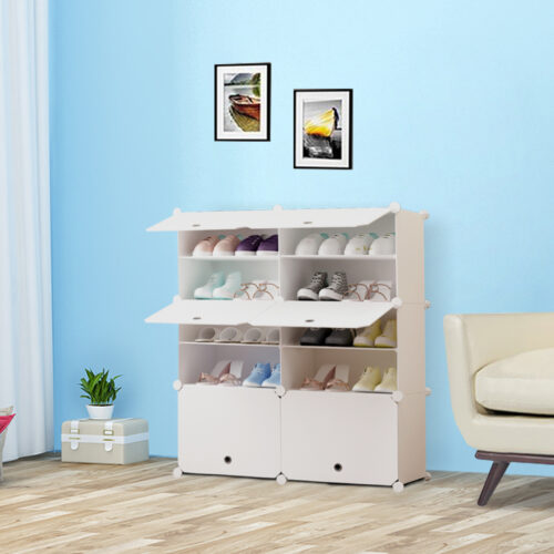 5 Tier 2 Column White Shoe Rack Organizer Sneaker Storage Stackable Stand Cabinet Portable Wardrobe with Cover - Image 3