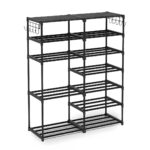 12-Shelf Tier Shoe Storage Shelf Space-Saving Caddy Rack Organiser with Side Hooks Black