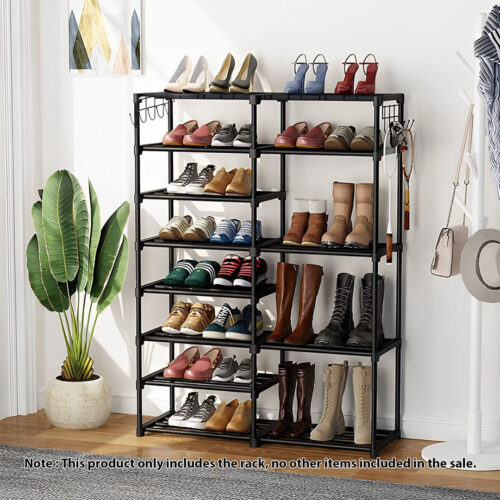 12-Shelf Tier Shoe Storage Shelf Space-Saving Caddy Rack Organiser with Side Hooks Black - Image 2