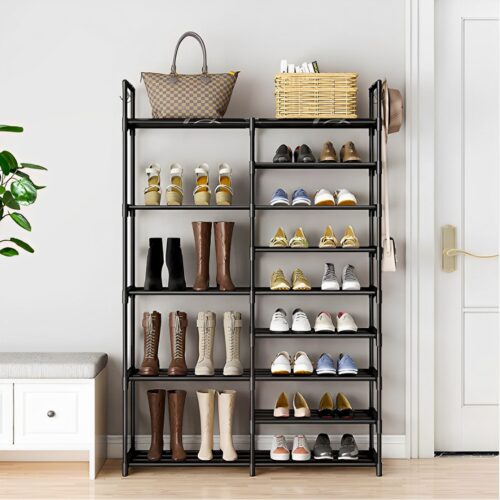 12-Shelf Tier Shoe Storage Shelf Space-Saving Caddy Rack Organiser with Side Hooks Black - Image 6