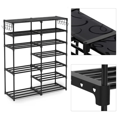 12-Shelf Tier Shoe Storage Shelf Space-Saving Caddy Rack Organiser with Side Hooks Black - Image 9