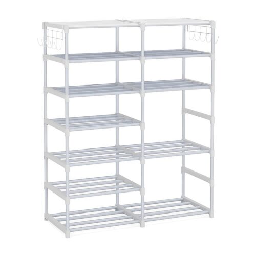 12-Shelf Tier Shoe Storage Shelf Space-Saving Caddy Rack Organiser with Side Hooks White