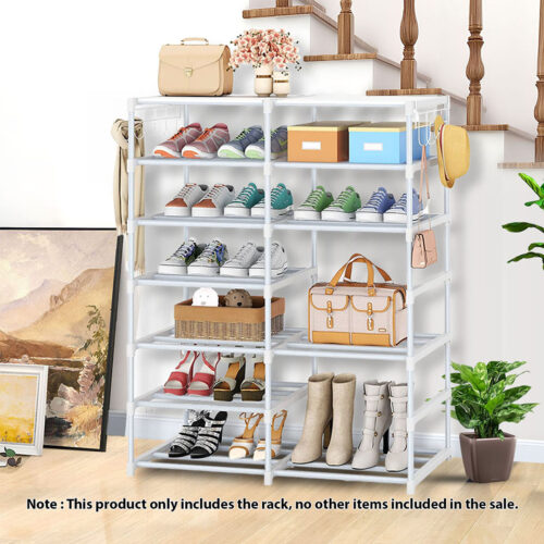 12-Shelf Tier Shoe Storage Shelf Space-Saving Caddy Rack Organiser with Side Hooks White - Image 2