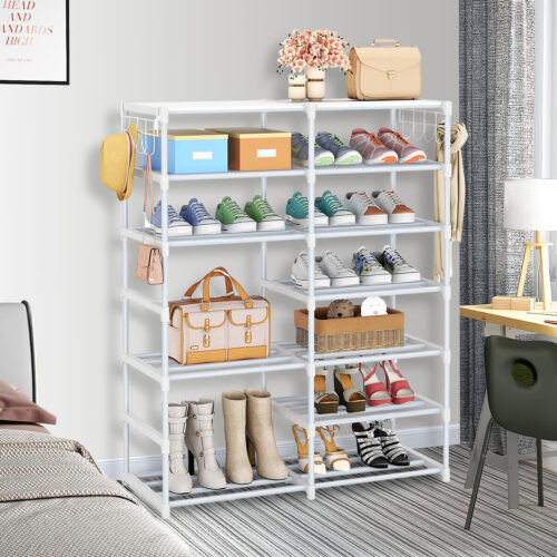 12-Shelf Tier Shoe Storage Shelf Space-Saving Caddy Rack Organiser with Side Hooks White - Image 3