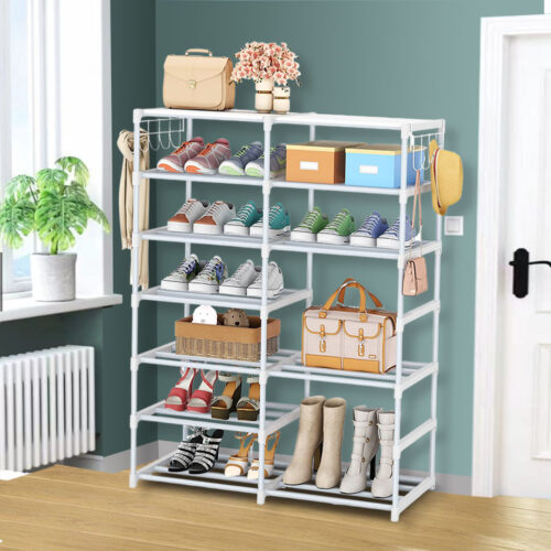 12-Shelf Tier Shoe Storage Shelf Space-Saving Caddy Rack Organiser with Side Hooks White - Image 4