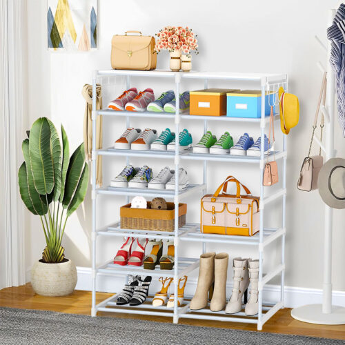 12-Shelf Tier Shoe Storage Shelf Space-Saving Caddy Rack Organiser with Side Hooks White - Image 5