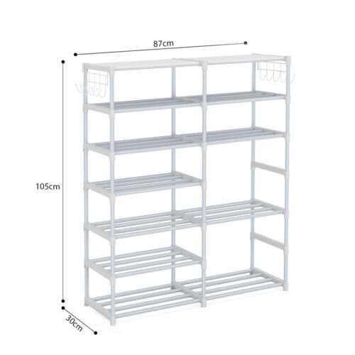 12-Shelf Tier Shoe Storage Shelf Space-Saving Caddy Rack Organiser with Side Hooks White - Image 6