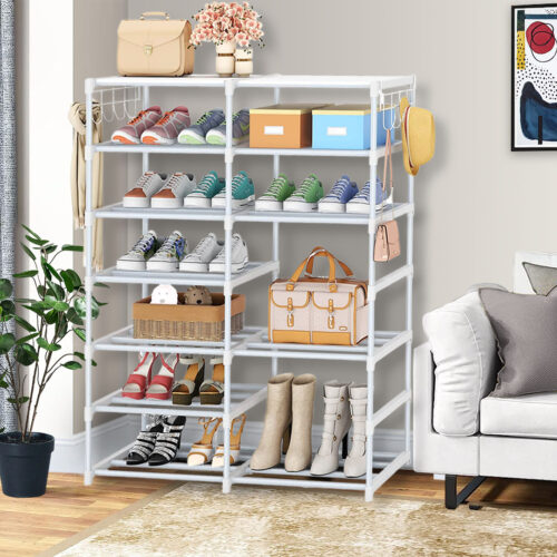 12-Shelf Tier Shoe Storage Shelf Space-Saving Caddy Rack Organiser with Side Hooks White - Image 7