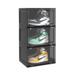 3 Tier Black Portable Shoe Organiser Sneaker Folding Plastic Bin Stackable Storage Box with Magnet Doors