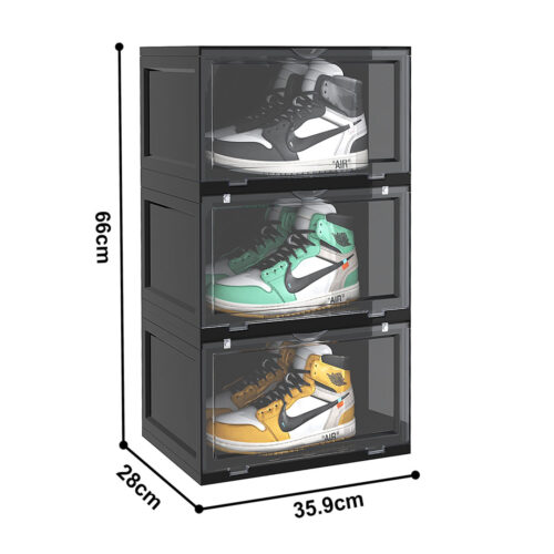 3 Tier Black Portable Shoe Organiser Sneaker Folding Plastic Bin Stackable Storage Box with Magnet Doors - Image 3