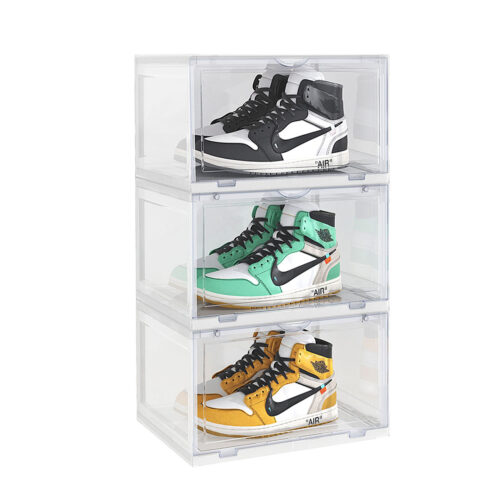3 Tier Transparent Portable Shoe Organiser Sneaker Folding Plastic Bin Stackable Storage Box with Magnetic Door
