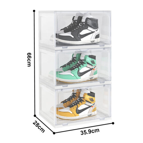 3 Tier Transparent Portable Shoe Organiser Sneaker Folding Plastic Bin Stackable Storage Box with Magnetic Door - Image 3