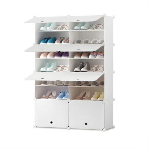 7 Tier 2 Column White Shoe Rack Organizer Sneaker Storage Stackable Stand Cabinet Portable Wardrobe with Cover
