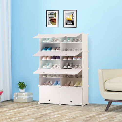 7 Tier 2 Column White Shoe Rack Organizer Sneaker Storage Stackable Stand Cabinet Portable Wardrobe with Cover - Image 3