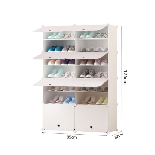 7 Tier 2 Column White Shoe Rack Organizer Sneaker Storage Stackable Stand Cabinet Portable Wardrobe with Cover - Image 5