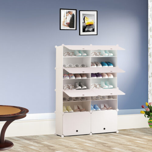 7 Tier 2 Column White Shoe Rack Organizer Sneaker Storage Stackable Stand Cabinet Portable Wardrobe with Cover - Image 6