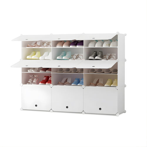 5 Tier 3 Column White Shoe Rack Organizer Sneaker Storage Stackable Stand Cabinet Portable Wardrobe with Cover