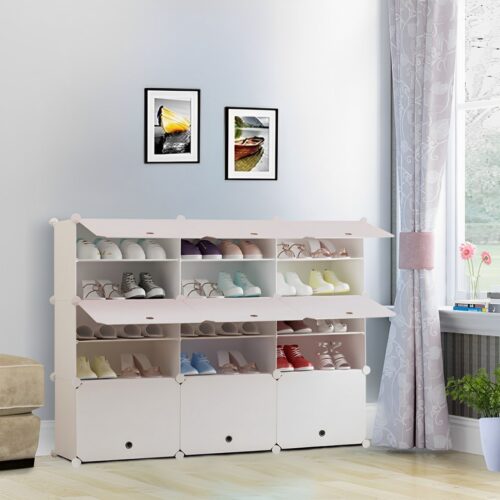 5 Tier 3 Column White Shoe Rack Organizer Sneaker Storage Stackable Stand Cabinet Portable Wardrobe with Cover - Image 3