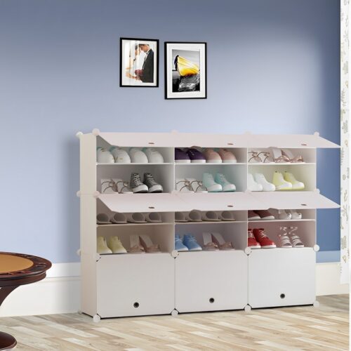 5 Tier 3 Column White Shoe Rack Organizer Sneaker Storage Stackable Stand Cabinet Portable Wardrobe with Cover - Image 5
