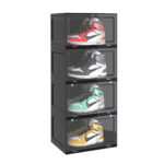 4 Tier Black Portable Shoe Organiser Sneaker Folding Plastic Bin Stackable Storage Box with Magnetic Door