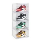 4 Tier Transparent Portable Shoe Organiser Sneaker Folding Plastic Bin Stackable Storage Box with Magnetic Door