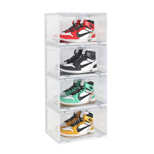 4 Tier Transparent Portable Shoe Organiser Sneaker Folding Plastic Bin Stackable Storage Box with Magnetic Door