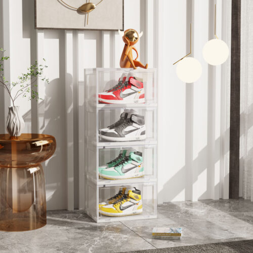 4 Tier Transparent Portable Shoe Organiser Sneaker Folding Plastic Bin Stackable Storage Box with Magnetic Door - Image 2