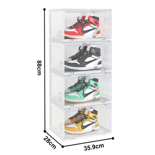 4 Tier Transparent Portable Shoe Organiser Sneaker Folding Plastic Bin Stackable Storage Box with Magnetic Door - Image 4