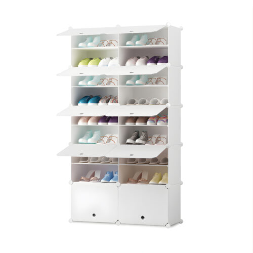 9 Tier 2 Column White Shoe Rack Organizer Sneaker Storage Stackable Stand Cabinet Portable Wardrobe with Cover