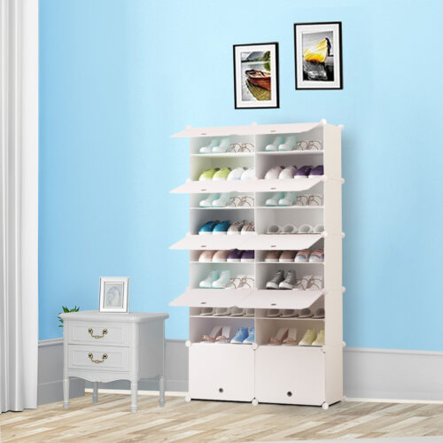 9 Tier 2 Column White Shoe Rack Organizer Sneaker Storage Stackable Stand Cabinet Portable Wardrobe with Cover - Image 3
