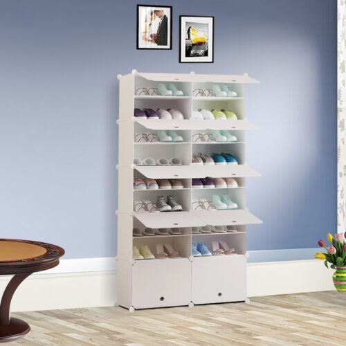 9 Tier 2 Column White Shoe Rack Organizer Sneaker Storage Stackable Stand Cabinet Portable Wardrobe with Cover - Image 4