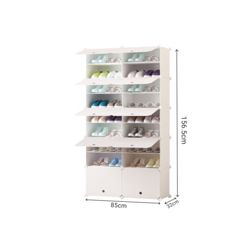 9 Tier 2 Column White Shoe Rack Organizer Sneaker Storage Stackable Stand Cabinet Portable Wardrobe with Cover - Image 6