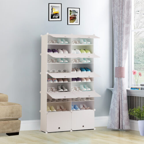 9 Tier 2 Column White Shoe Rack Organizer Sneaker Storage Stackable Stand Cabinet Portable Wardrobe with Cover - Image 7