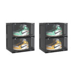 2x 2 Tier Black Portable Shoe Organiser Sneaker Folding Plastic Bin Stackable Storage Box with Magnetic Door