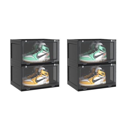 2x 2 Tier Black Portable Shoe Organiser Sneaker Folding Plastic Bin Stackable Storage Box with Magnetic Door