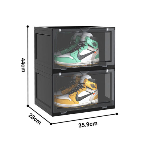 2x 2 Tier Black Portable Shoe Organiser Sneaker Folding Plastic Bin Stackable Storage Box with Magnetic Door - Image 4