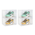 2x 2 Tier Transparent Portable Shoe Organiser Sneaker Folding Plastic Bin Stackable Storage Box with Magnetic Door