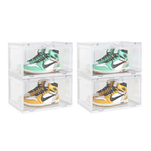 2x 2 Tier Transparent Portable Shoe Organiser Sneaker Folding Plastic Bin Stackable Storage Box with Magnetic Door